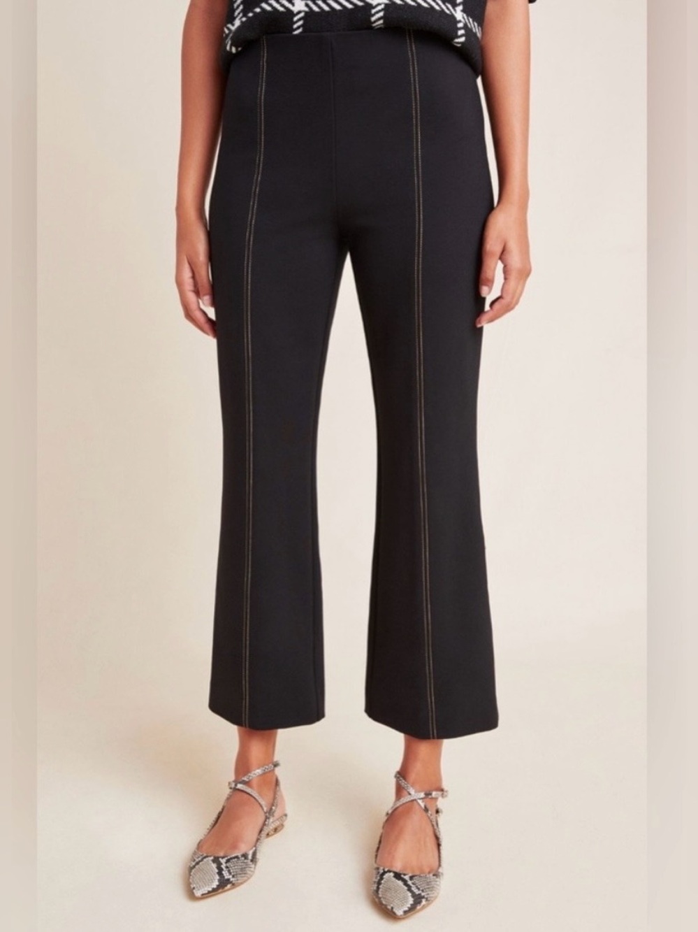 Anthropologie Essential Crop Flare Pants Medium Black Contrast Stitch Stretch